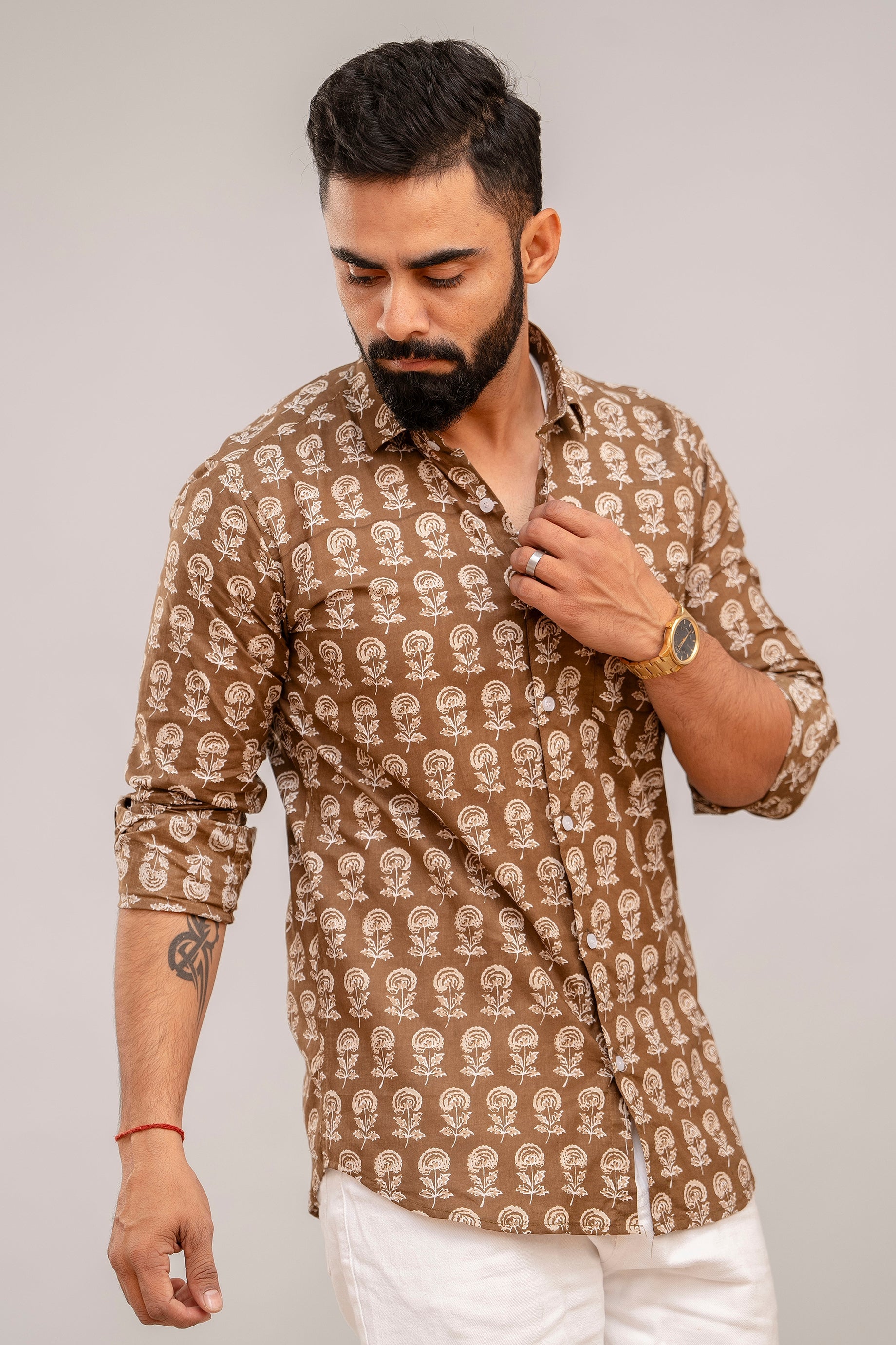 Cotton Brown Floral Shirt for Men - Hukum Jaipur