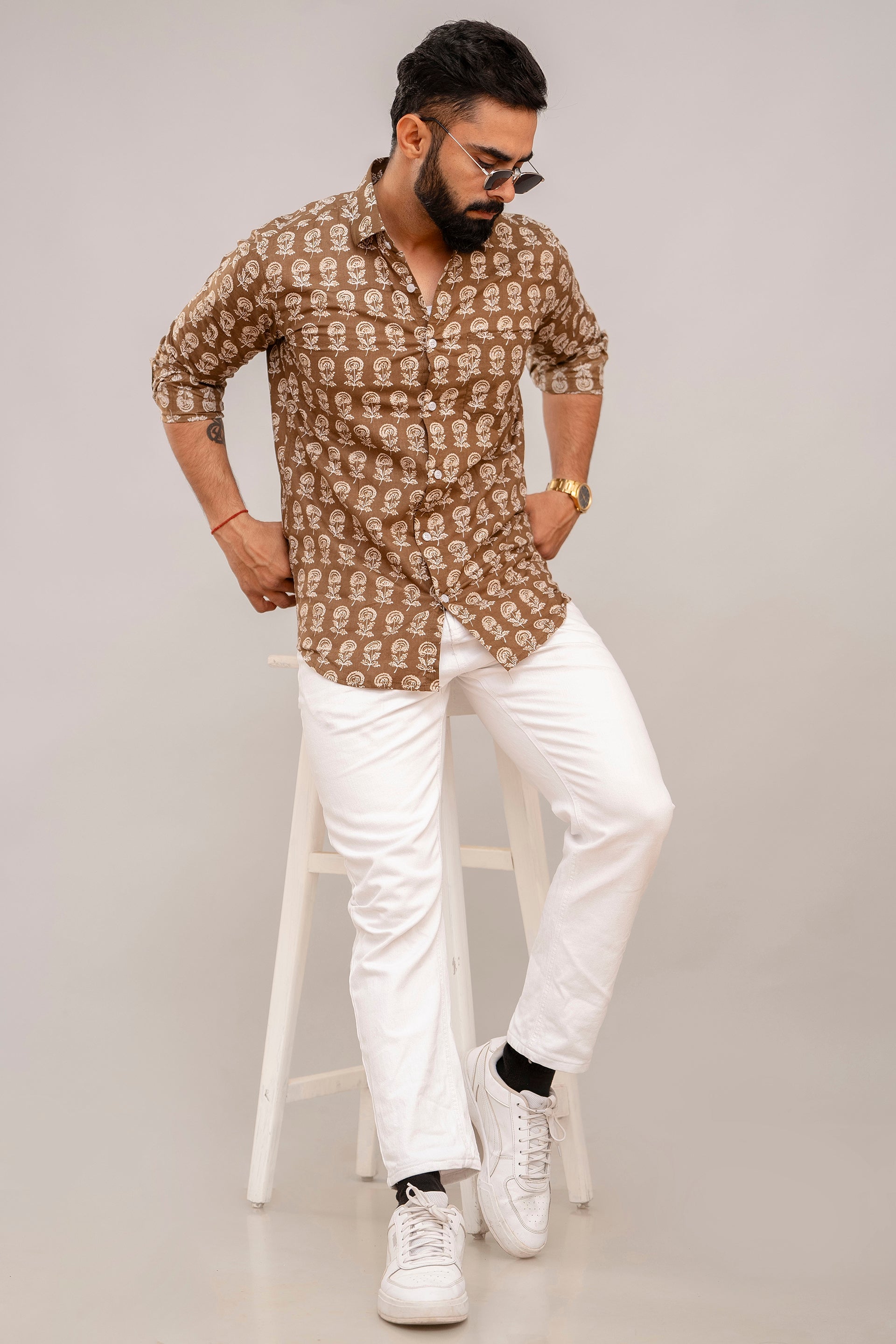 Cotton Brown Floral Shirt for Men - Hukum Jaipur