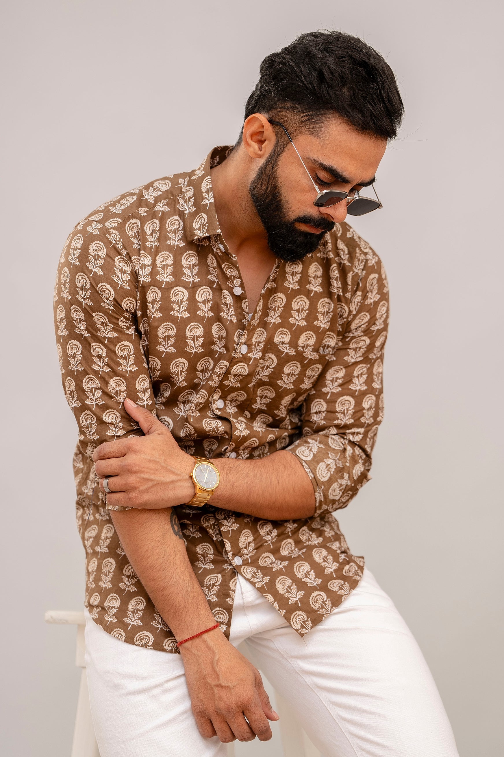 Cotton Brown Floral Shirt for Men - Hukum Jaipur