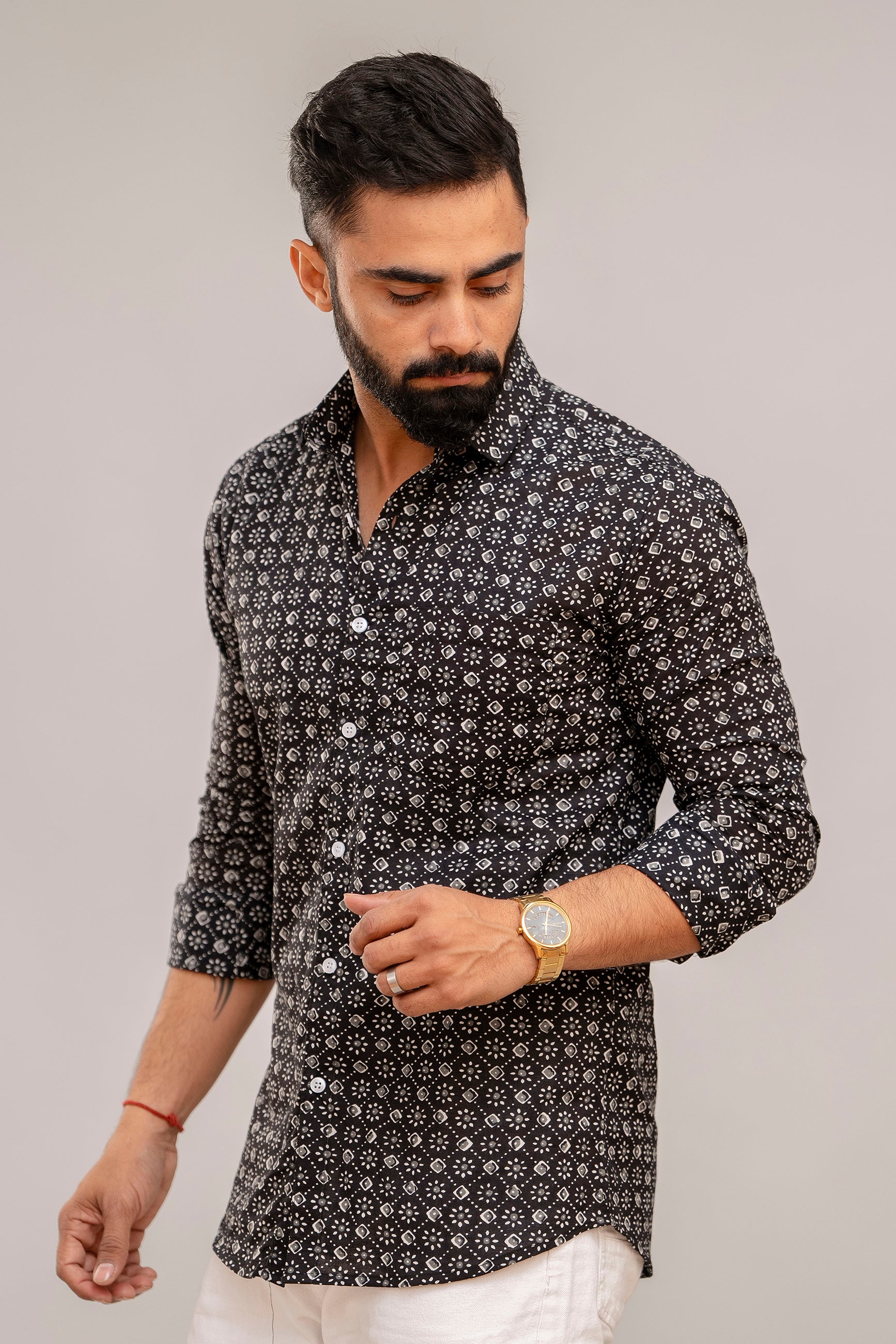 Classic Black Abstract Print Cotton Shirt - Hukum Jaipur