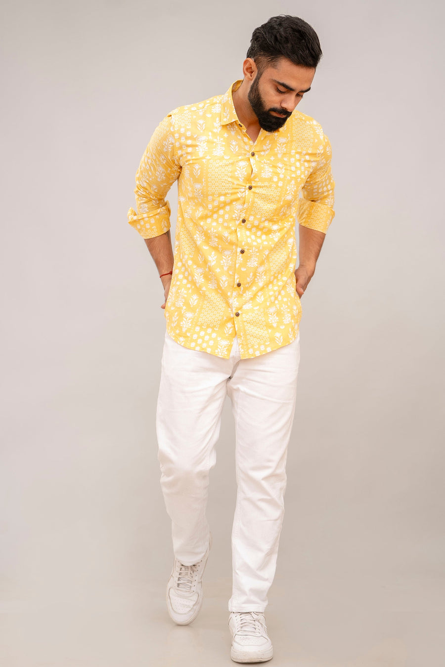 Radiant Yellow Block Print Cotton Shirt — image 3