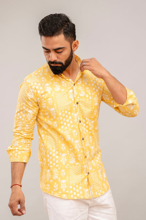Radiant Yellow Block Print Cotton Shirt