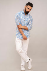 Classic Blue Floral Print Cotton Shirt - Hukum Jaipur