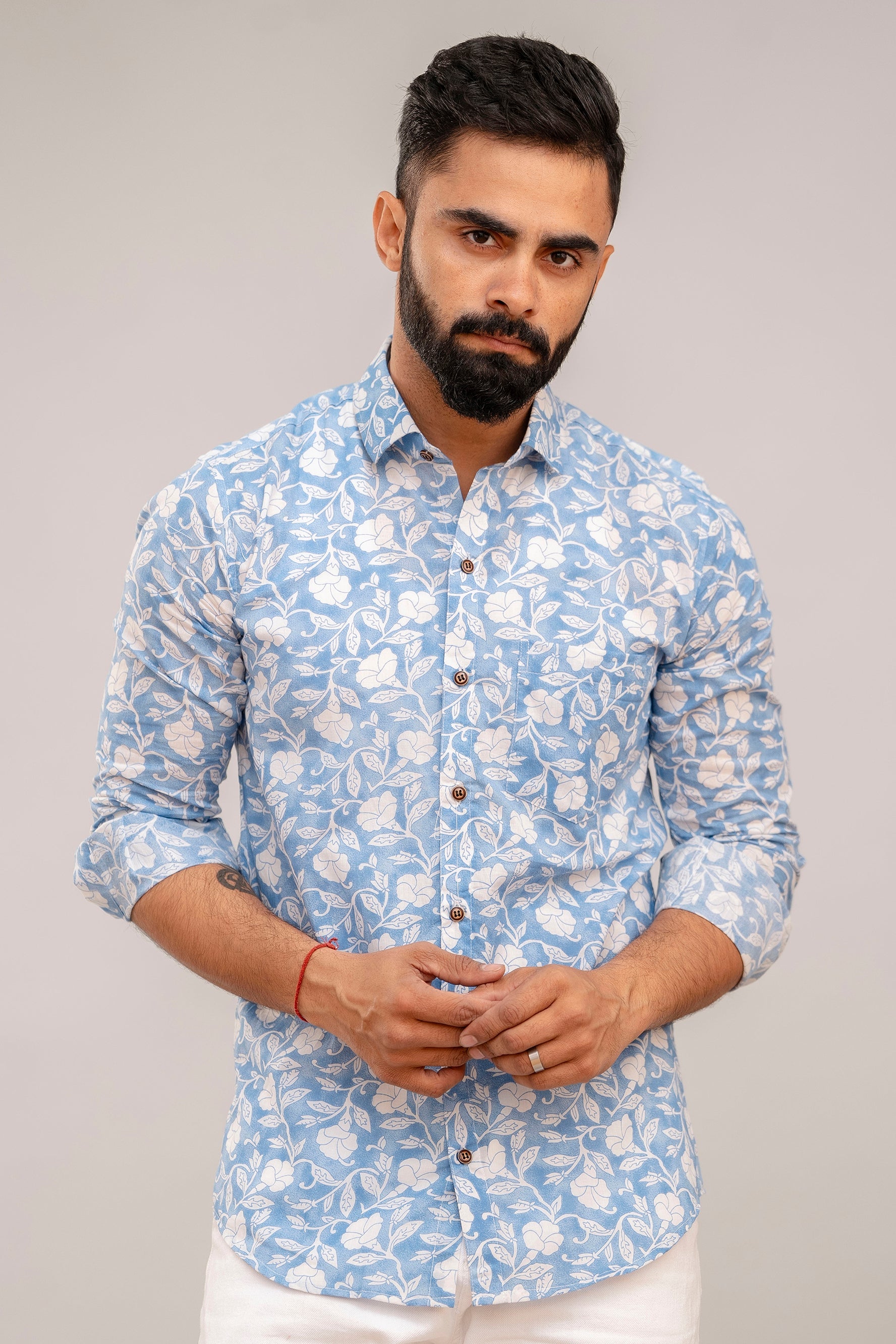 Classic Blue Floral Print Cotton Shirt - Hukum Jaipur