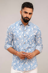 Classic Blue Floral Print Cotton Shirt - Hukum Jaipur