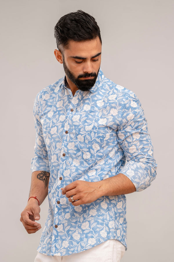 Classic Blue Floral Print Cotton Shirt