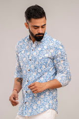 Classic Blue Floral Print Cotton Shirt - Hukum Jaipur