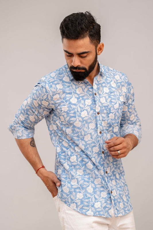 Classic Blue Floral Print Cotton Shirt - Me&My