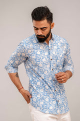 Classic Blue Floral Print Cotton Shirt - Hukum Jaipur