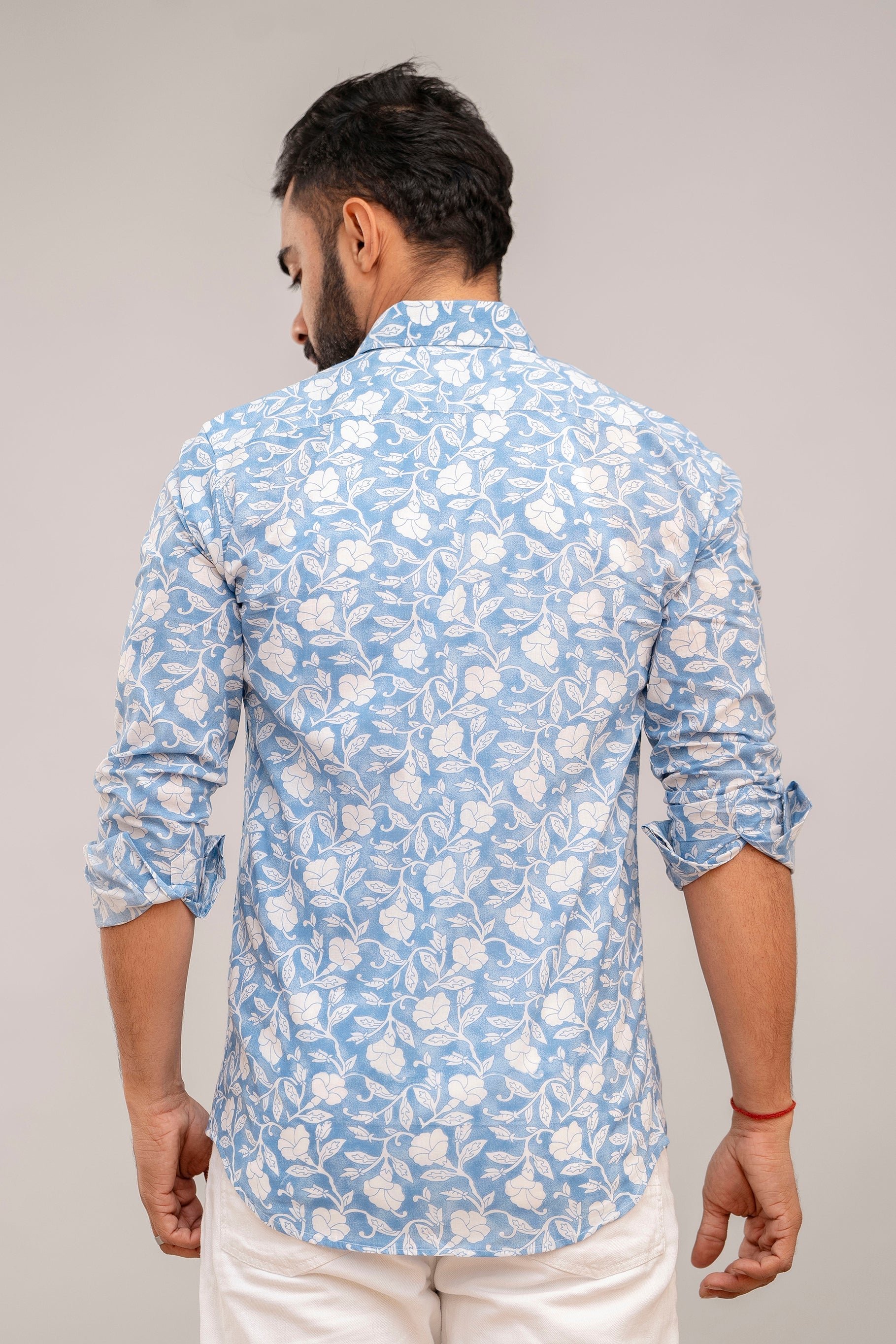 Classic Blue Floral Print Cotton Shirt - Hukum Jaipur