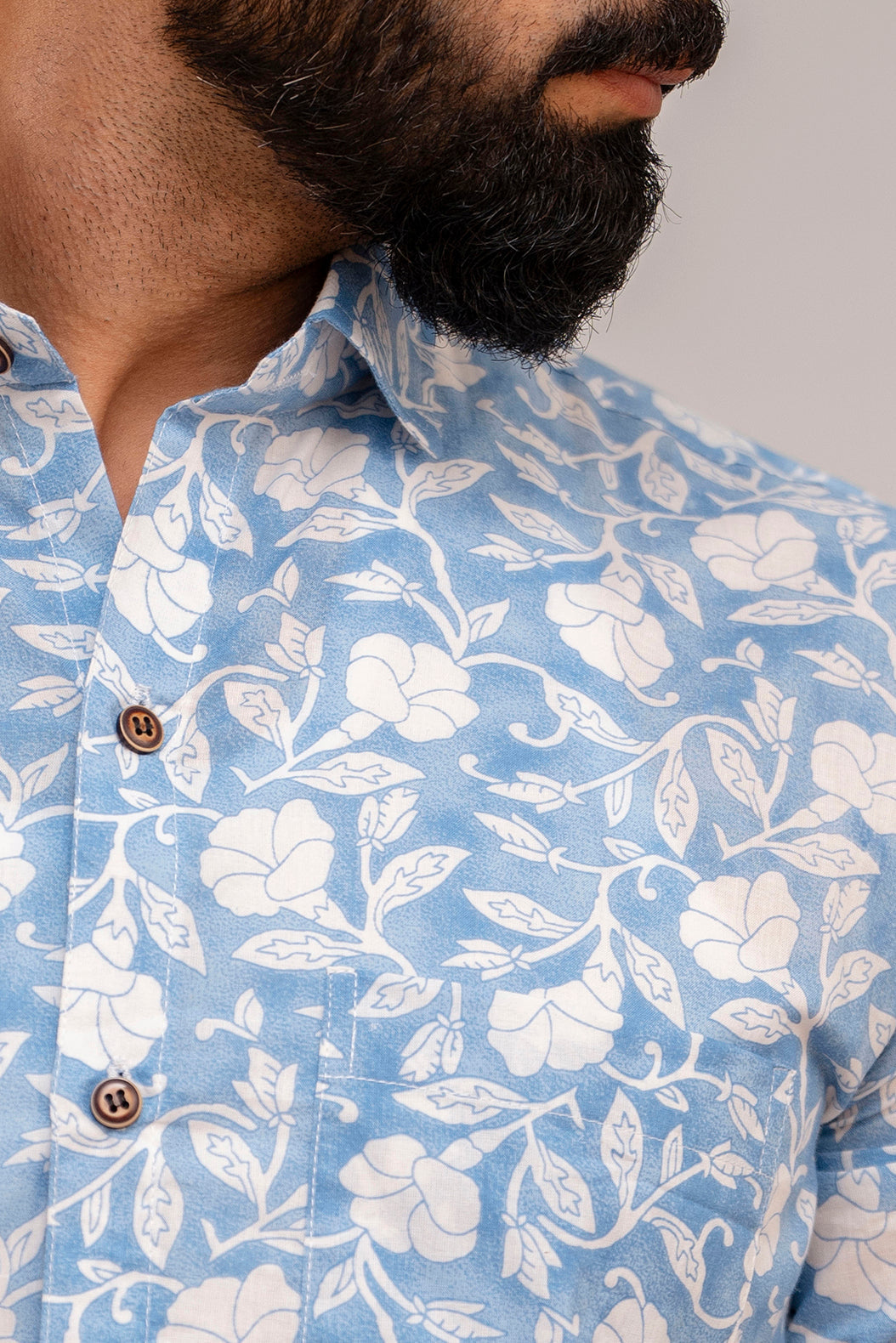 Classic Blue Floral Print Cotton Shirt - Hukum Jaipur