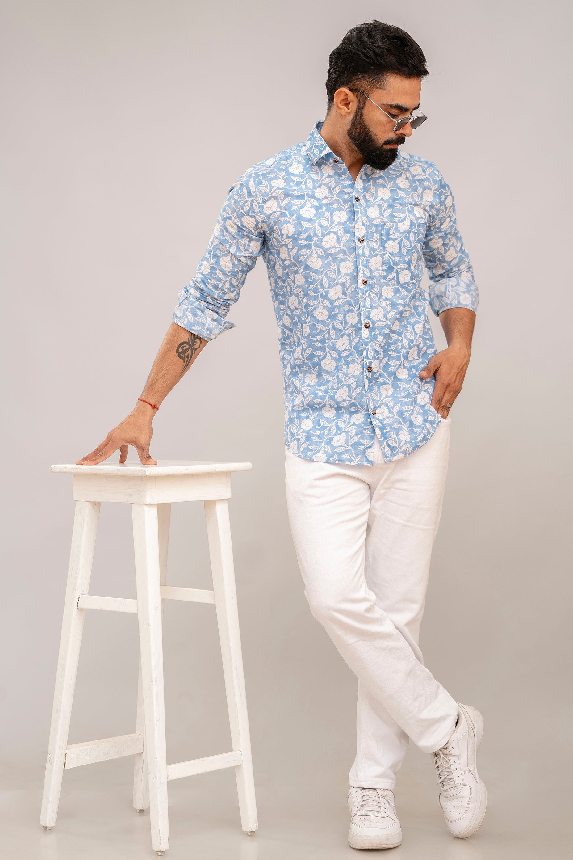 Classic Blue Floral Print Cotton Shirt - Hukum Jaipur