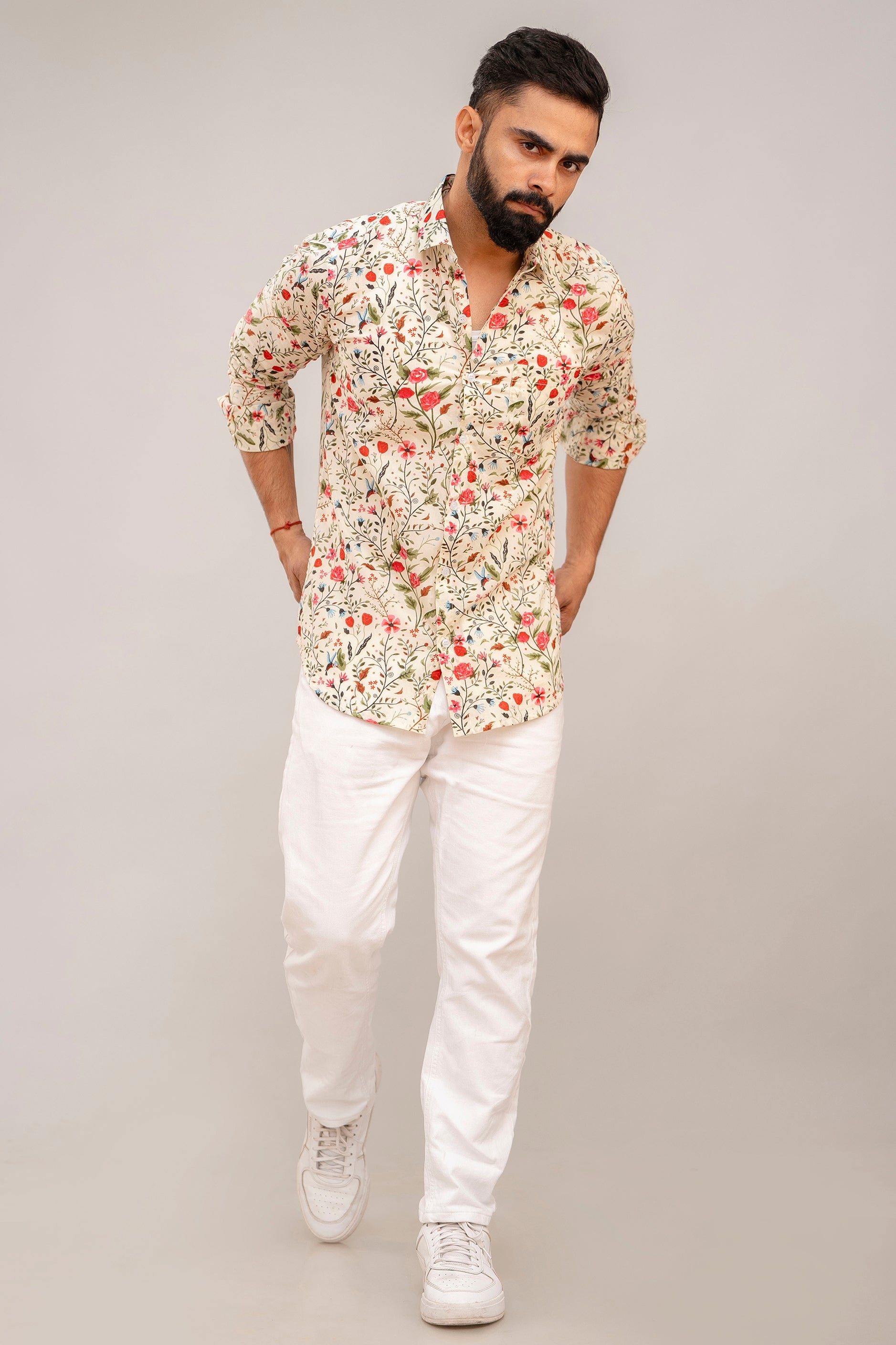 Off-White Elegance Floral Cotton Shirt - Hukum Jaipur