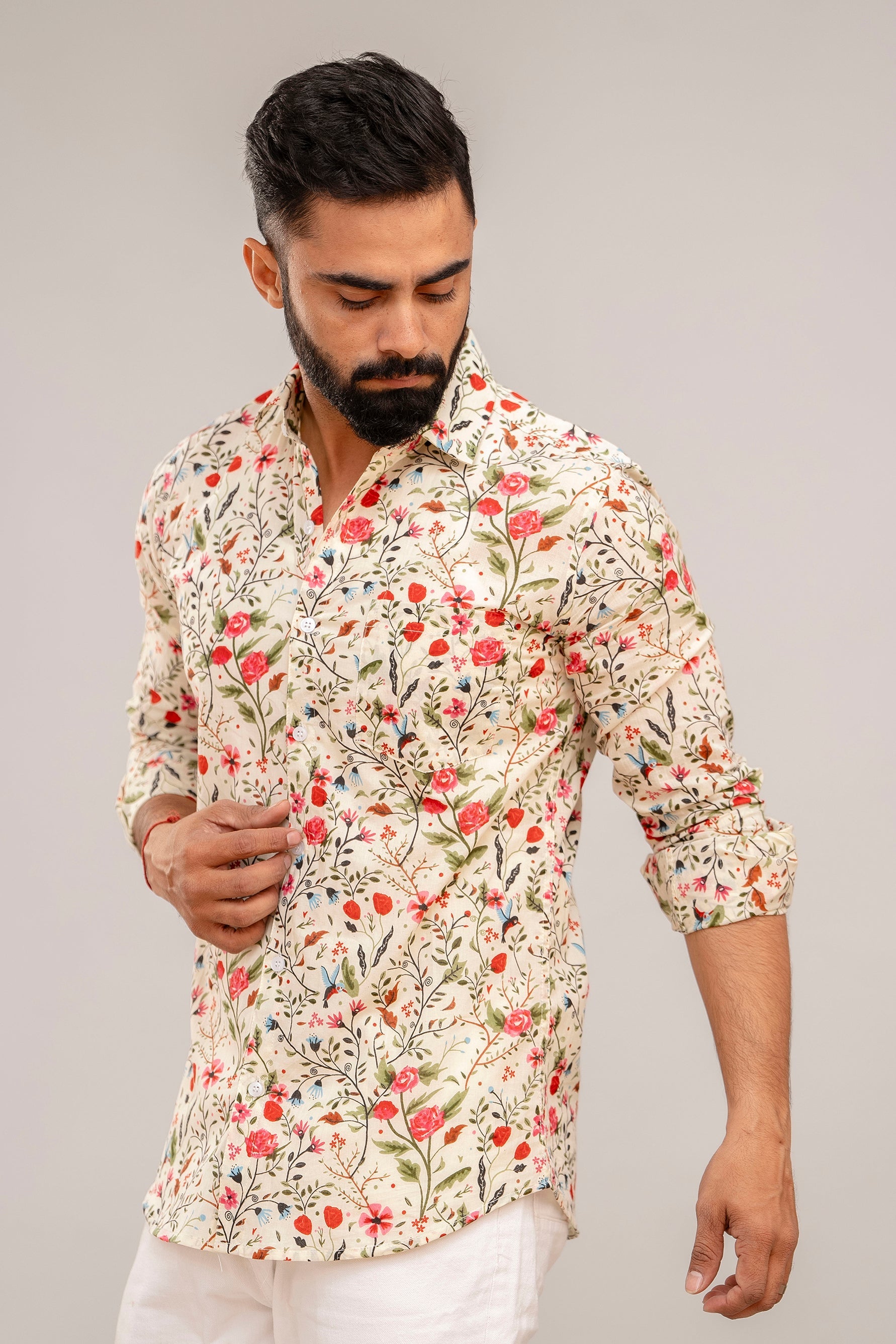 Off-White Elegance Floral Cotton Shirt - Hukum Jaipur