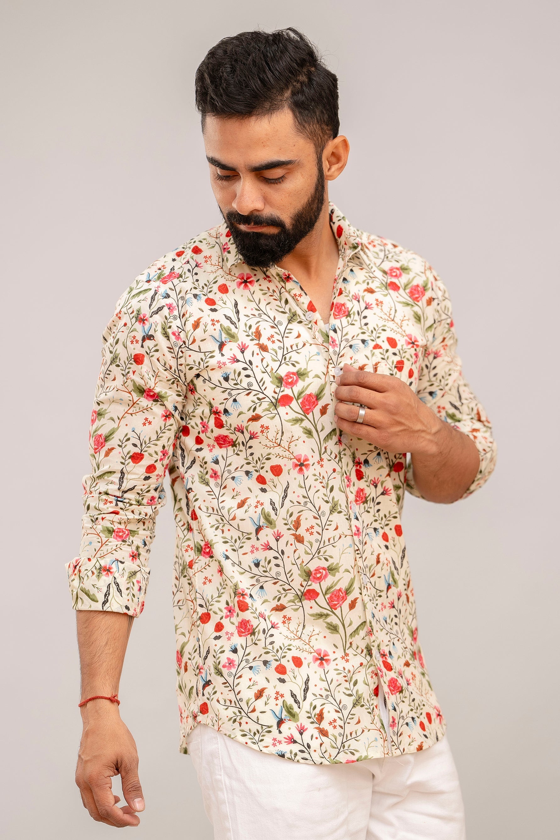 Off-White Elegance Floral Cotton Shirt - Hukum Jaipur