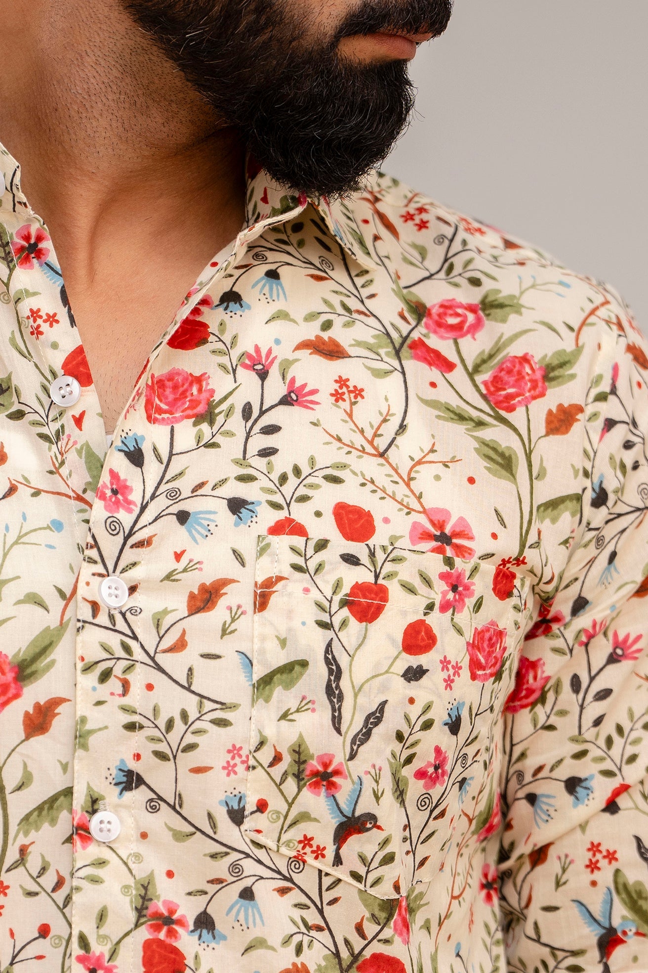 Off-White Elegance Floral Cotton Shirt - Hukum Jaipur