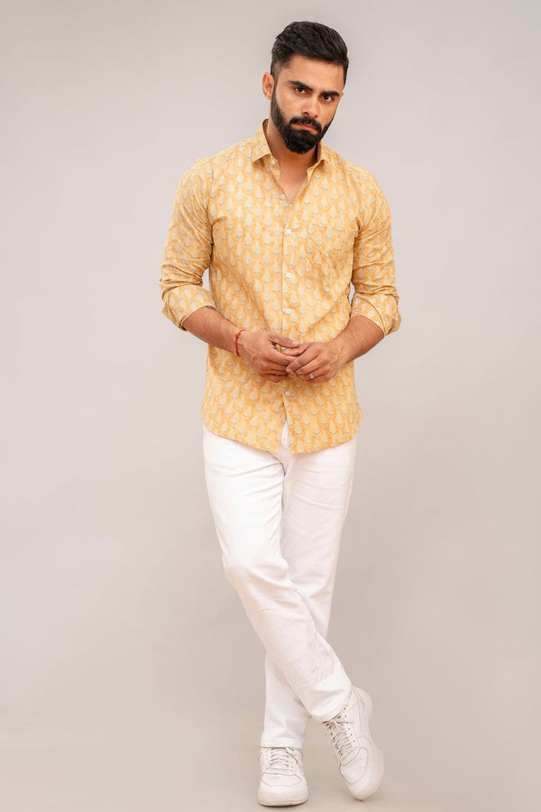 Light Brown Classic Block Print Cotton Shirt
