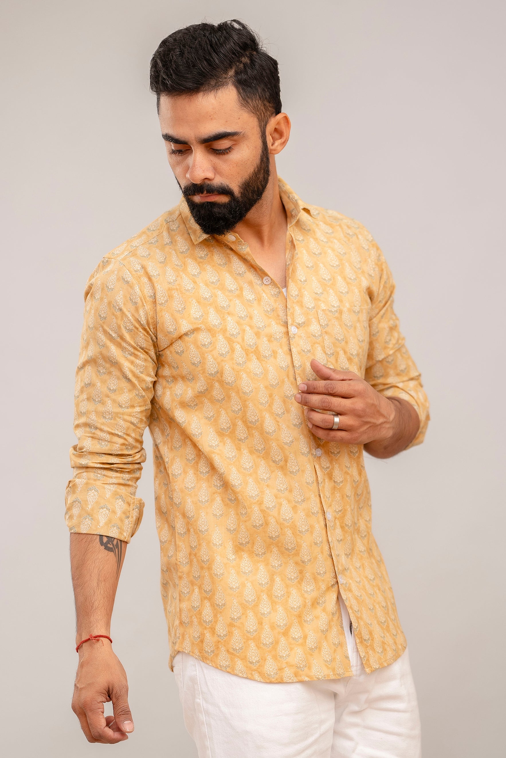 Light Brown Classic Block Print Cotton Shirt - Hukum Jaipur