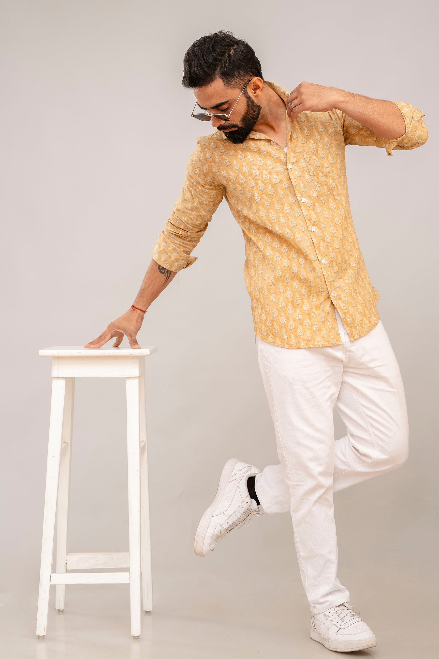 Light Brown Classic Block Print Cotton Shirt - Hukum Jaipur