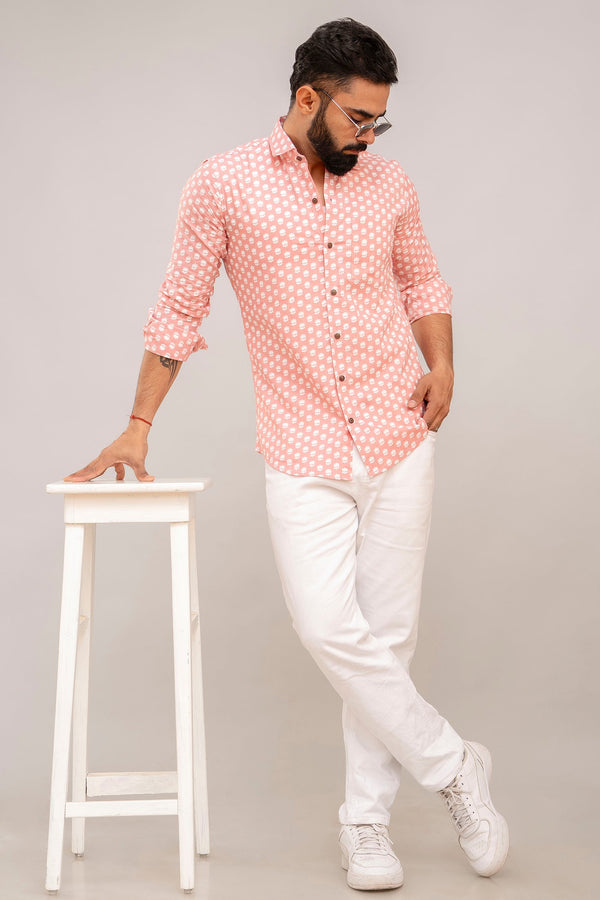 Baby Pink Floral Print Cotton Shirt
