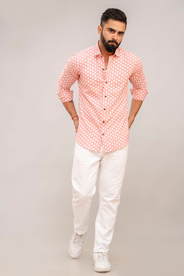 Baby Pink Floral Print Cotton Shirt