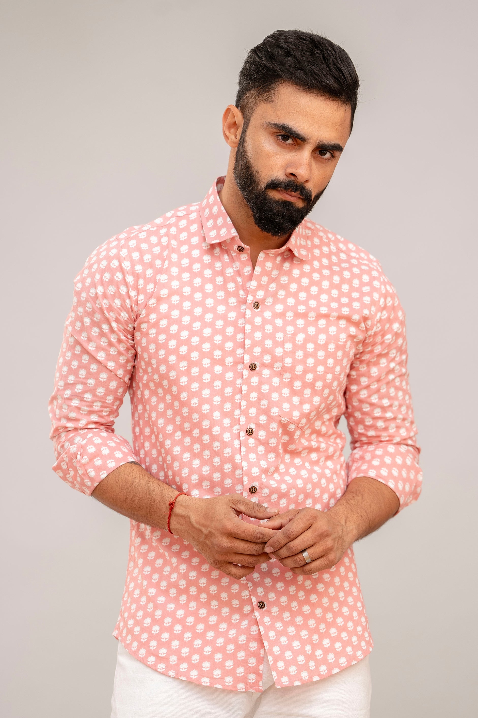 Baby Pink Floral Print Cotton Shirt - Hukum Jaipur