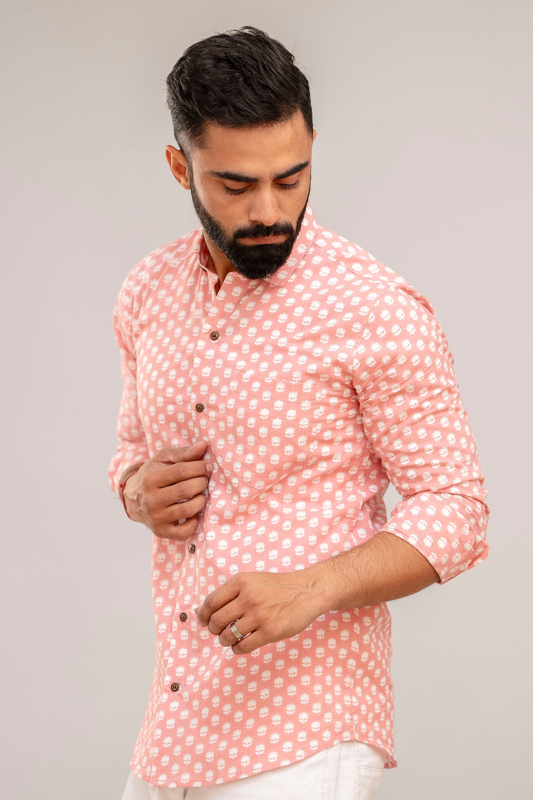 Baby Pink Floral Print Cotton Shirt - Hukum Jaipur