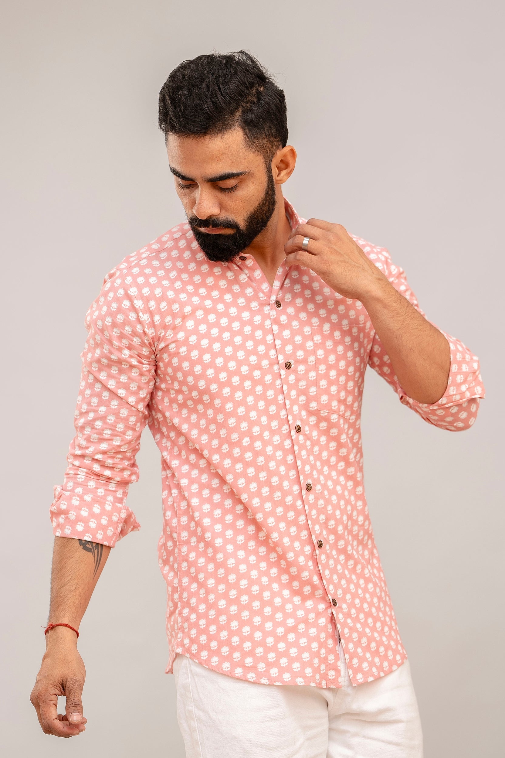 Baby Pink Floral Print Cotton Shirt - Hukum Jaipur