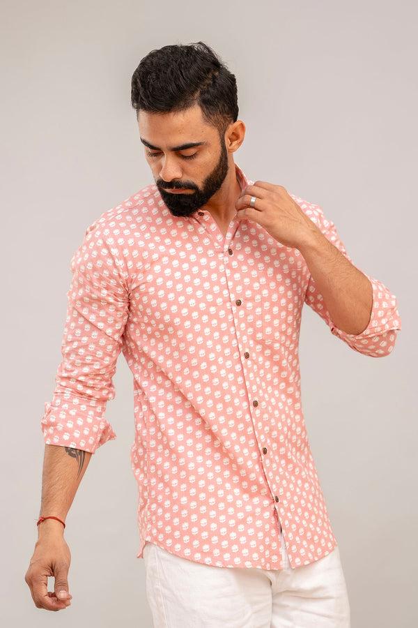 Baby Pink Floral Print Cotton Shirt