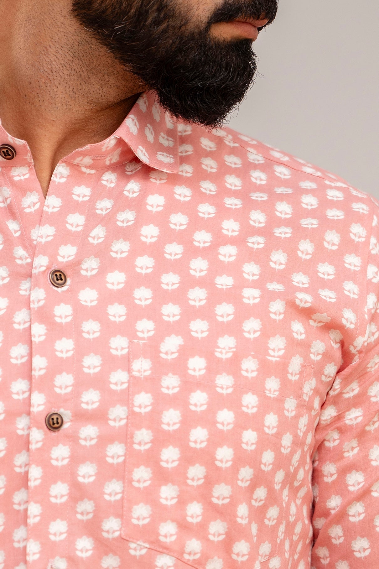 Baby Pink Floral Print Cotton Shirt - Hukum Jaipur