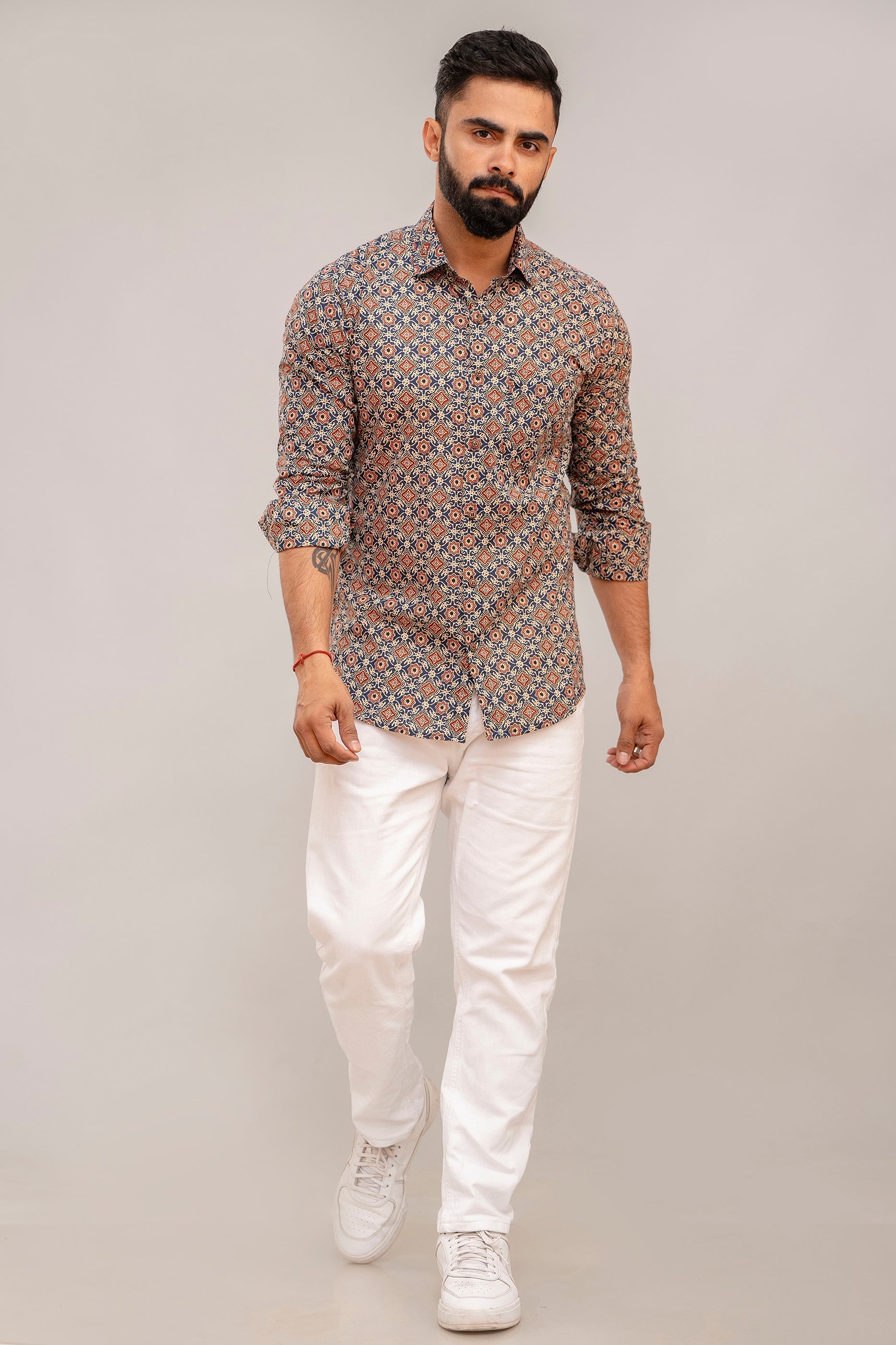 Navy Blue Abstract Print Cotton Shirt - Hukum Jaipur