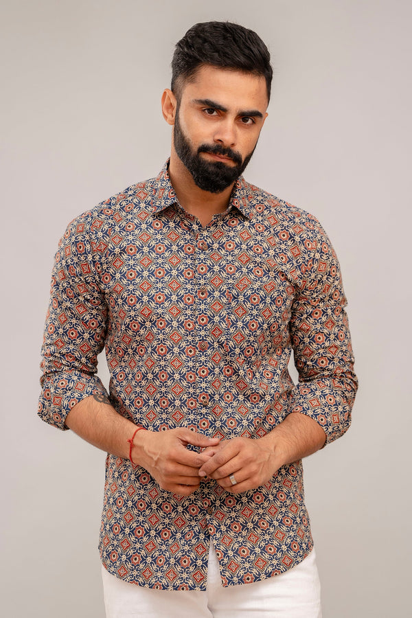 Navy Blue Abstract Print Cotton Shirt