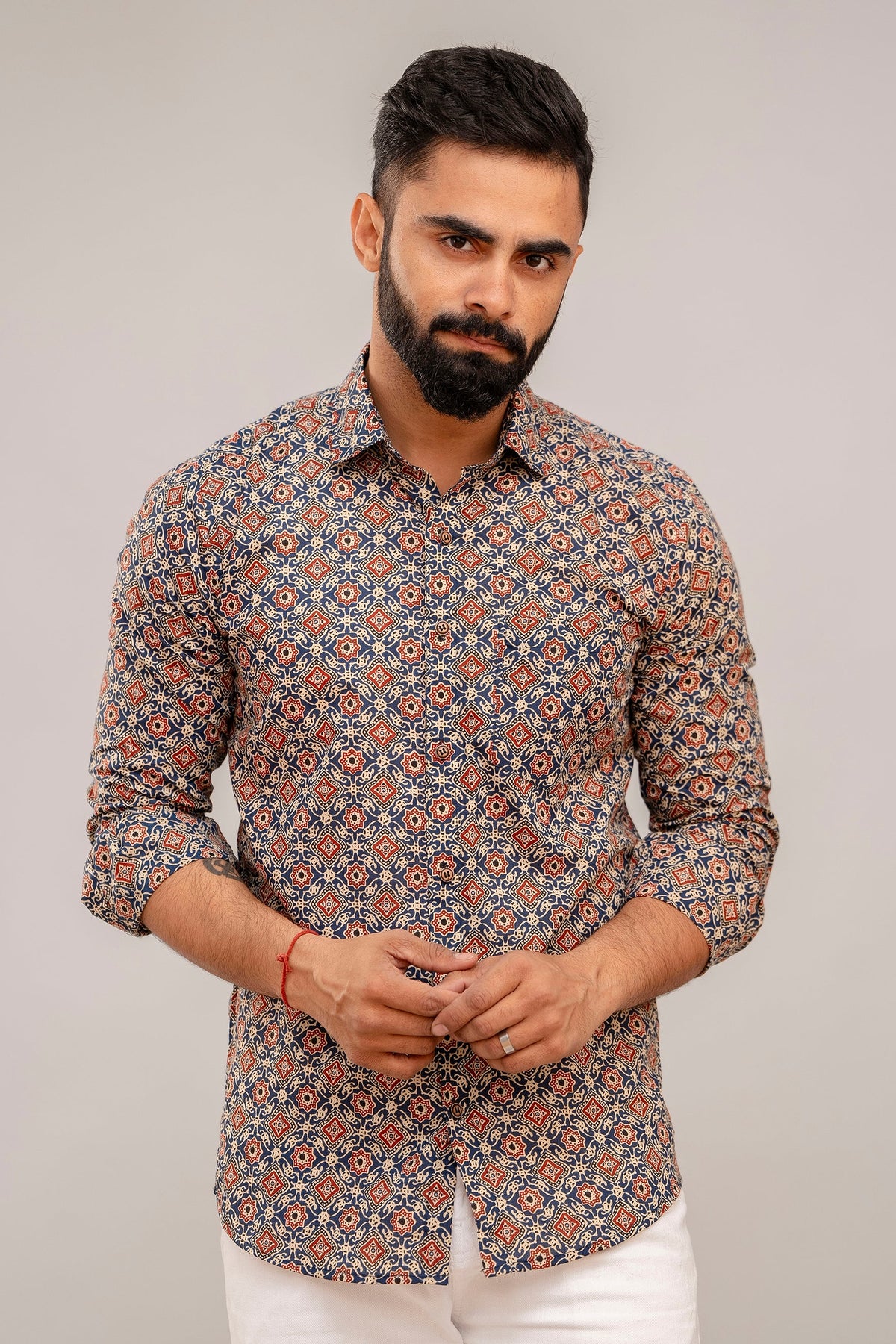 Navy Blue Abstract Print Cotton Shirt - Hukum Jaipur