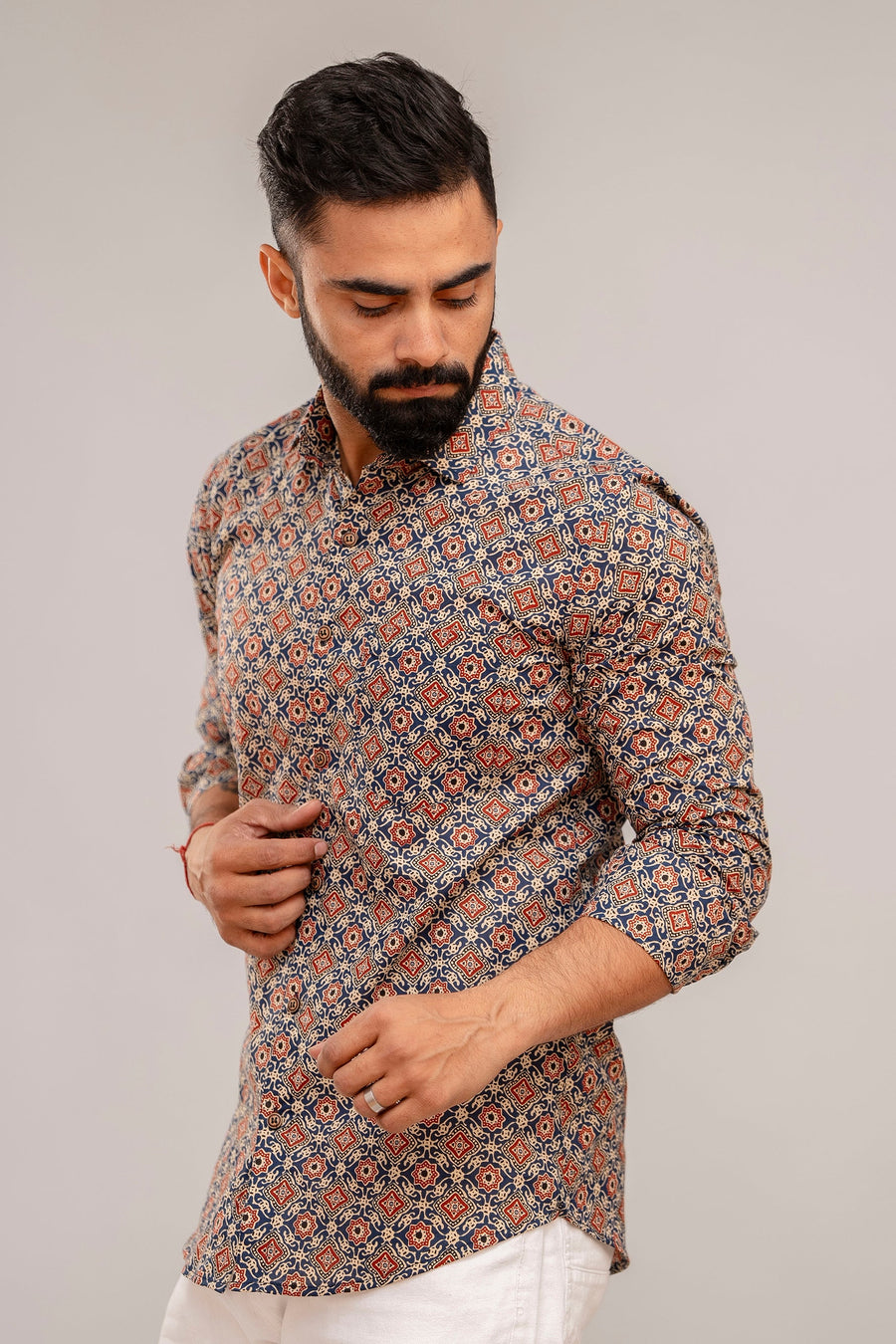 Navy Blue Abstract Print Cotton Shirt — image 3