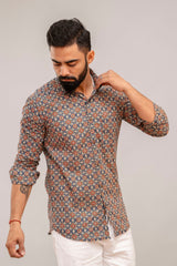 Navy Blue Abstract Print Cotton Shirt - Hukum Jaipur