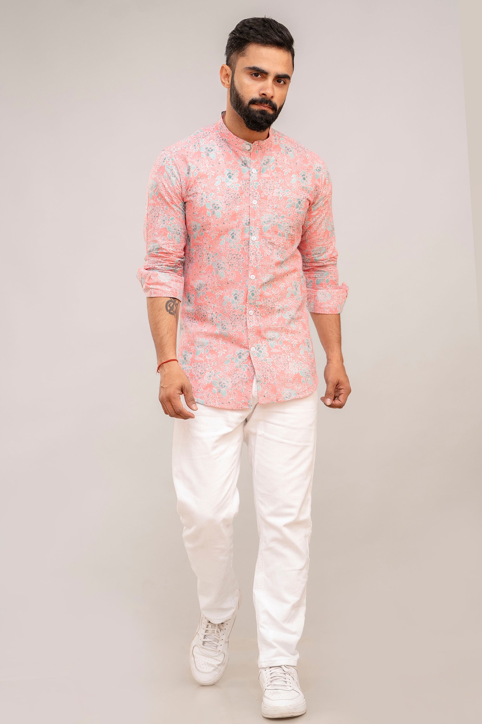 Pink Floral Print Cotton Shirt - Hukum Jaipur