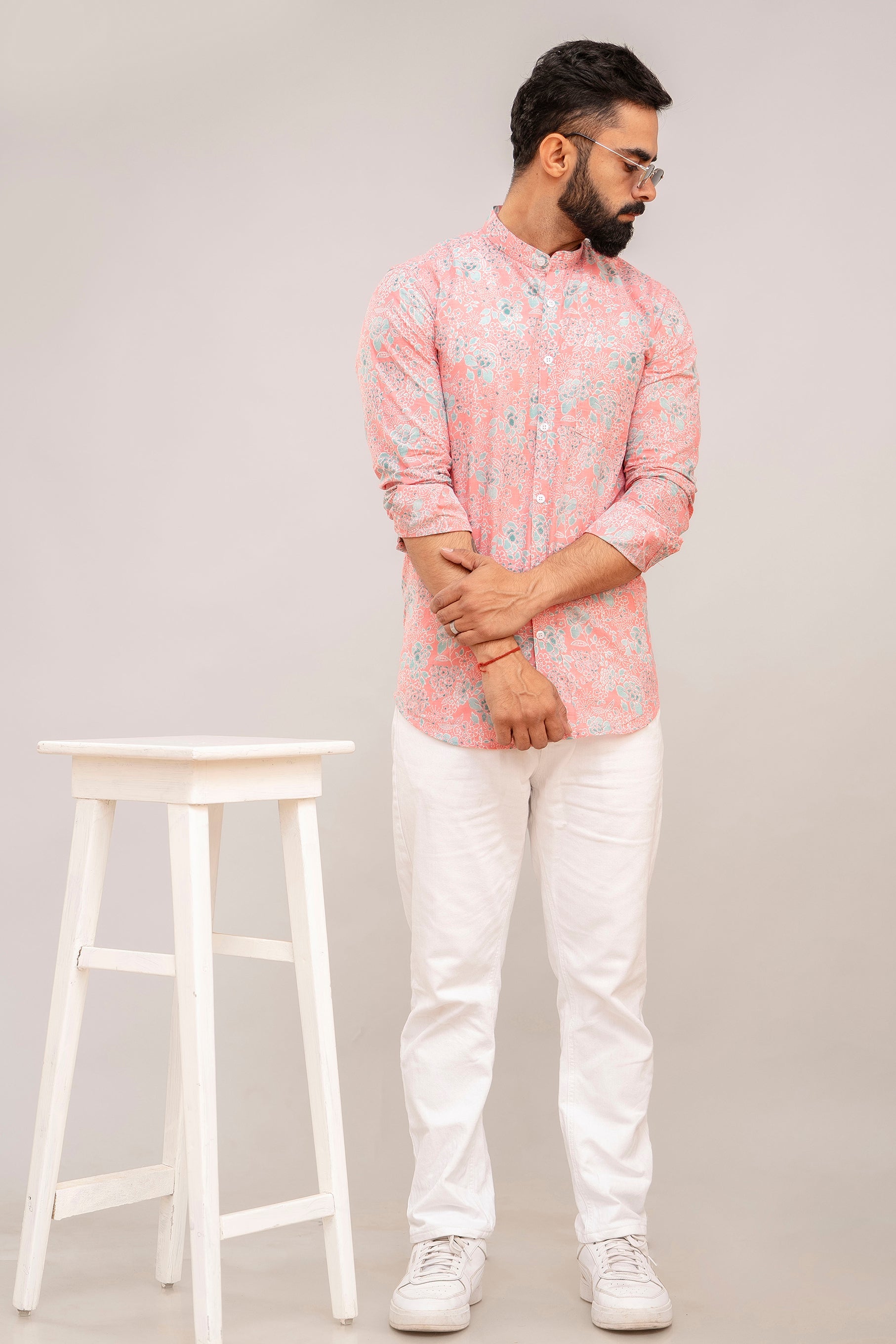 Pink Floral Print Cotton Shirt - Hukum Jaipur