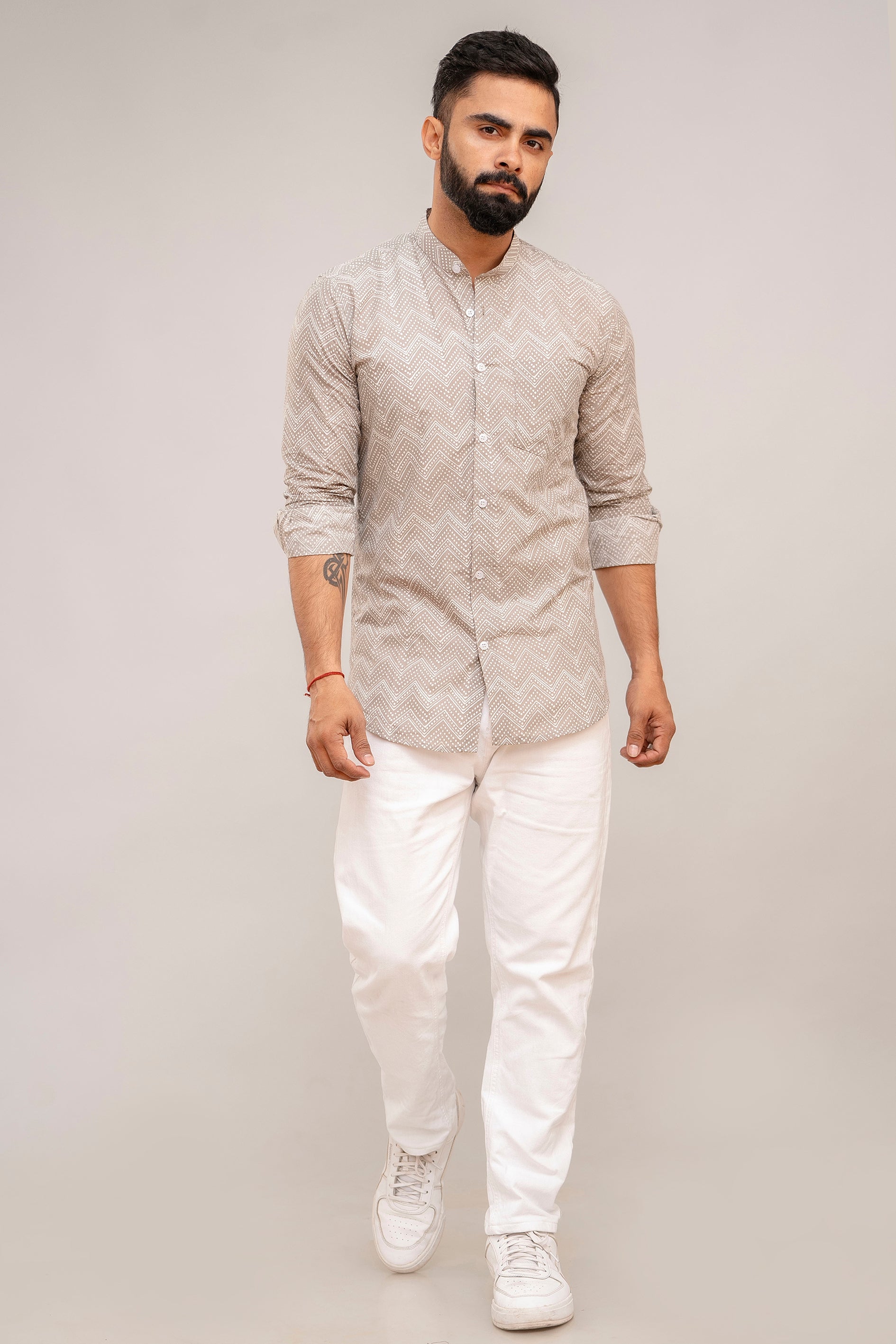 Grey Zig-Zag Print Cotton Shirt - Hukum Jaipur