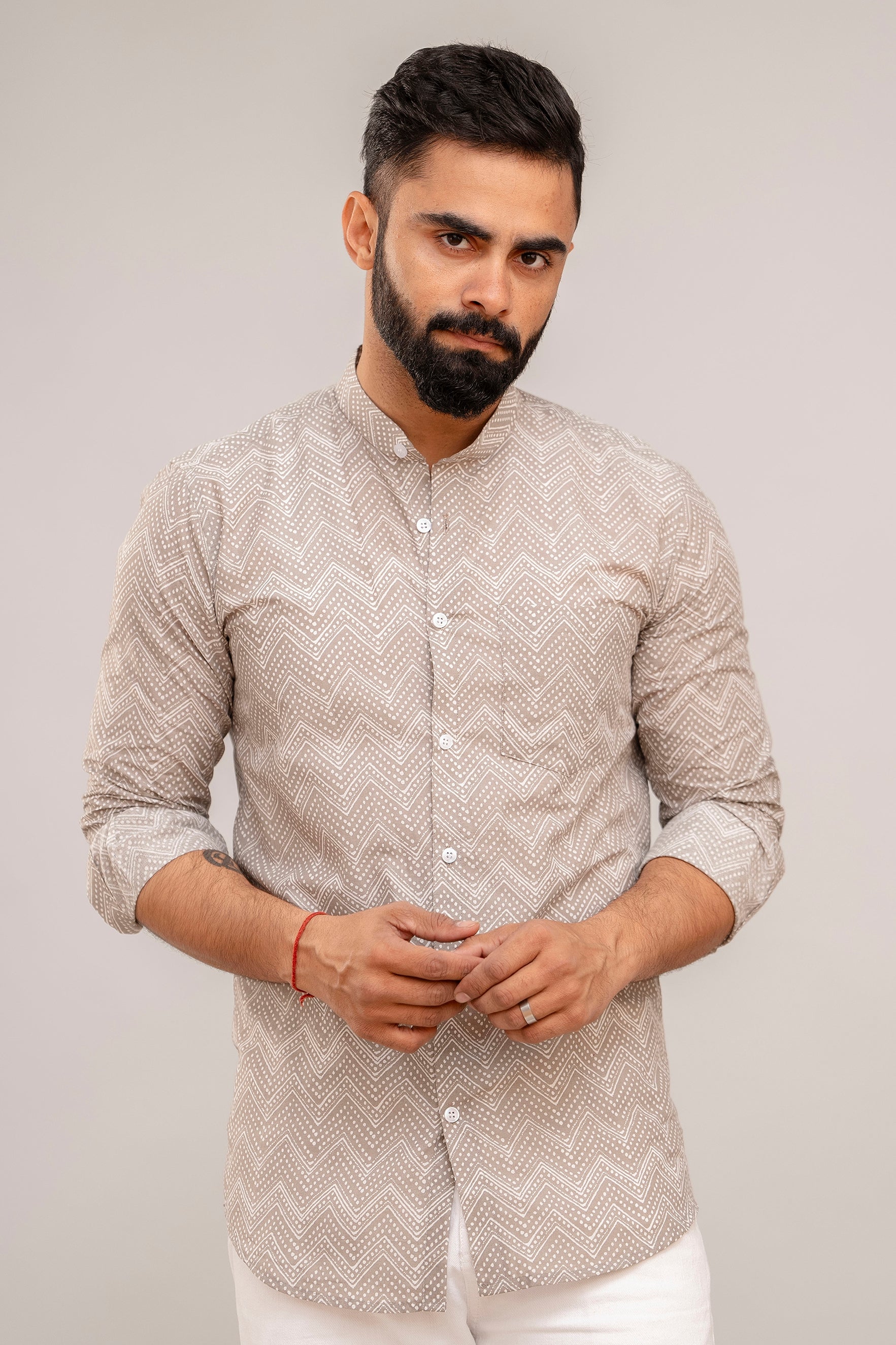 Grey Zig-Zag Print Cotton Shirt - Hukum Jaipur