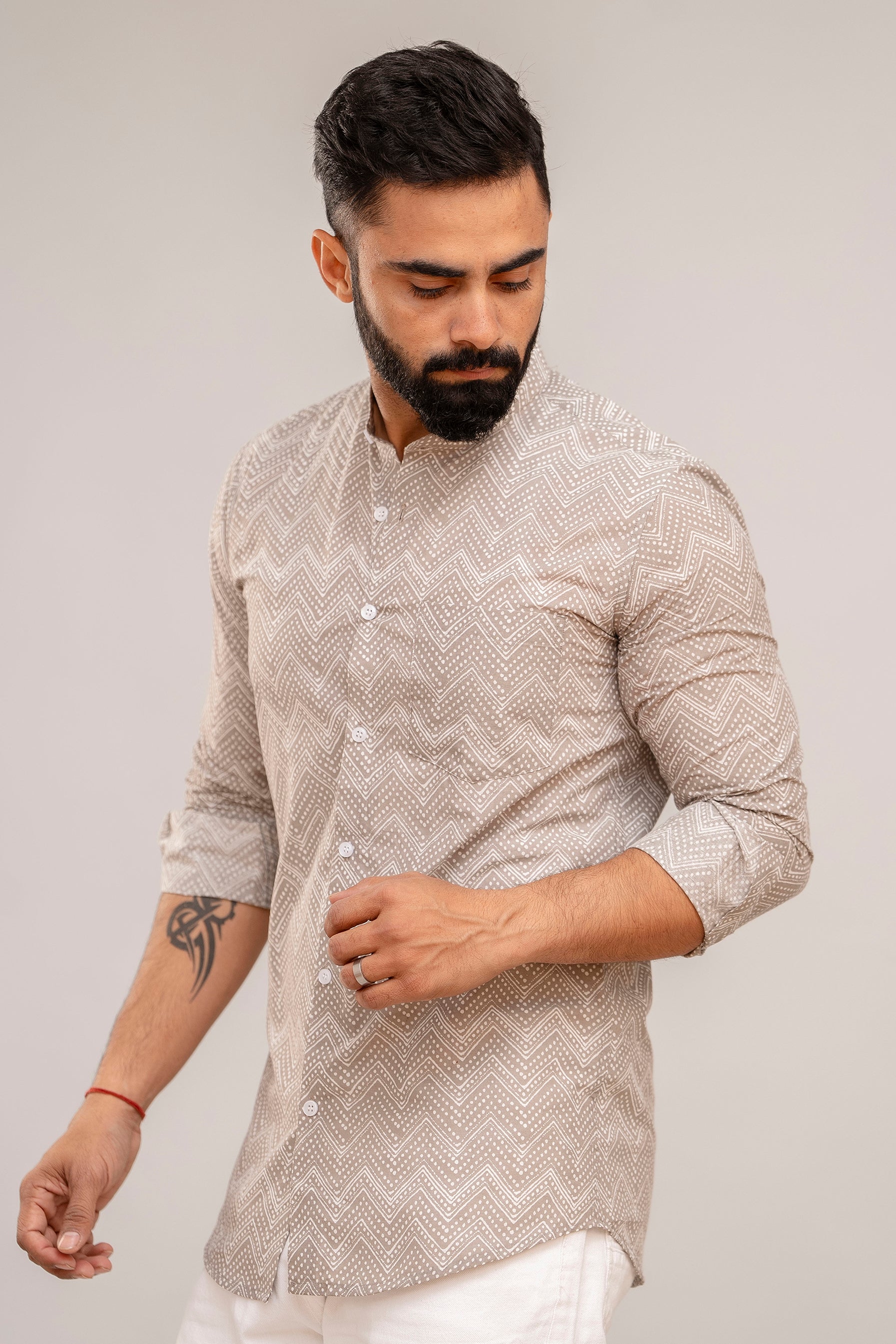 Grey Zig-Zag Print Cotton Shirt - Hukum Jaipur