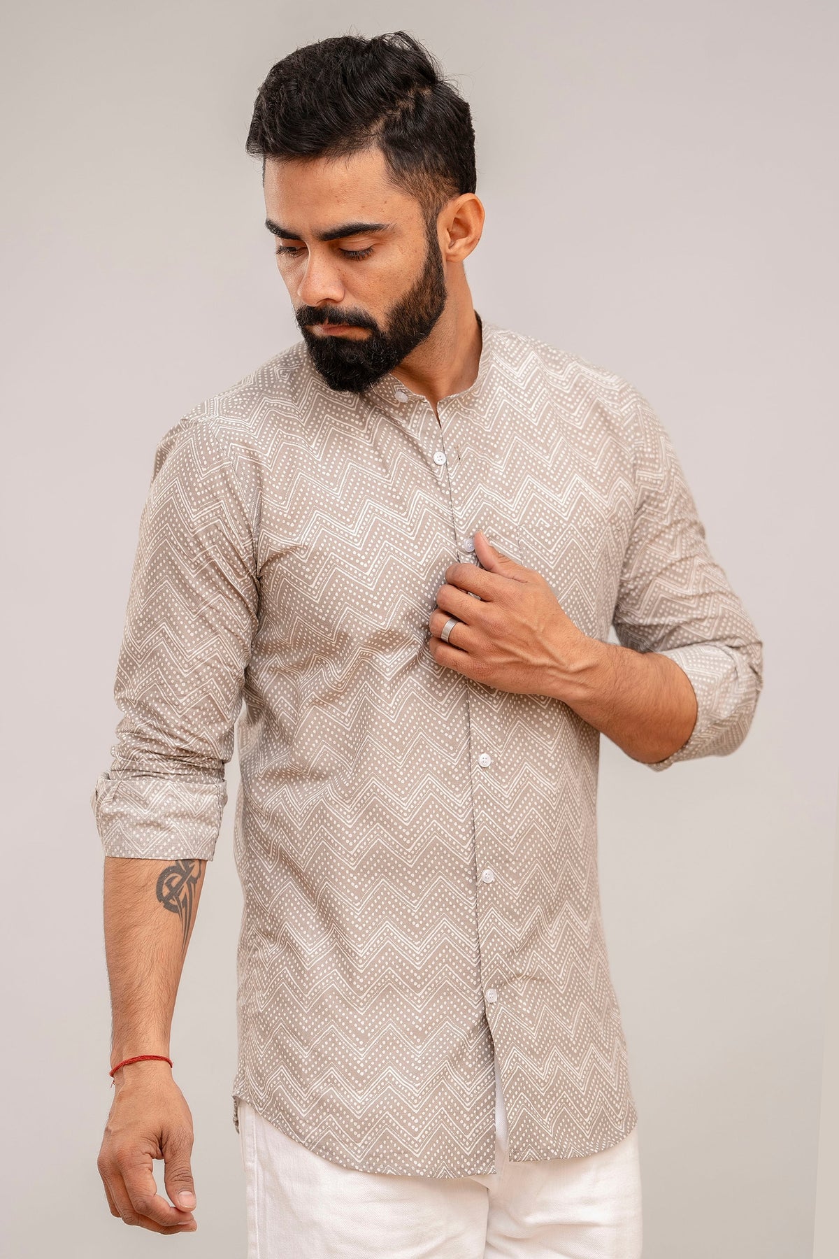 Grey Zig-Zag Print Cotton Shirt - Hukum Jaipur