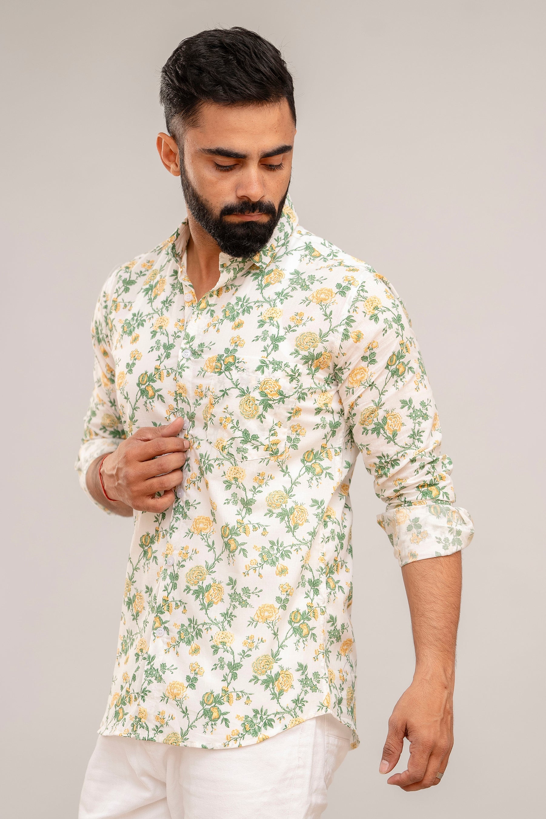 White Harmony Floral Cotton Shirt - Hukum Jaipur