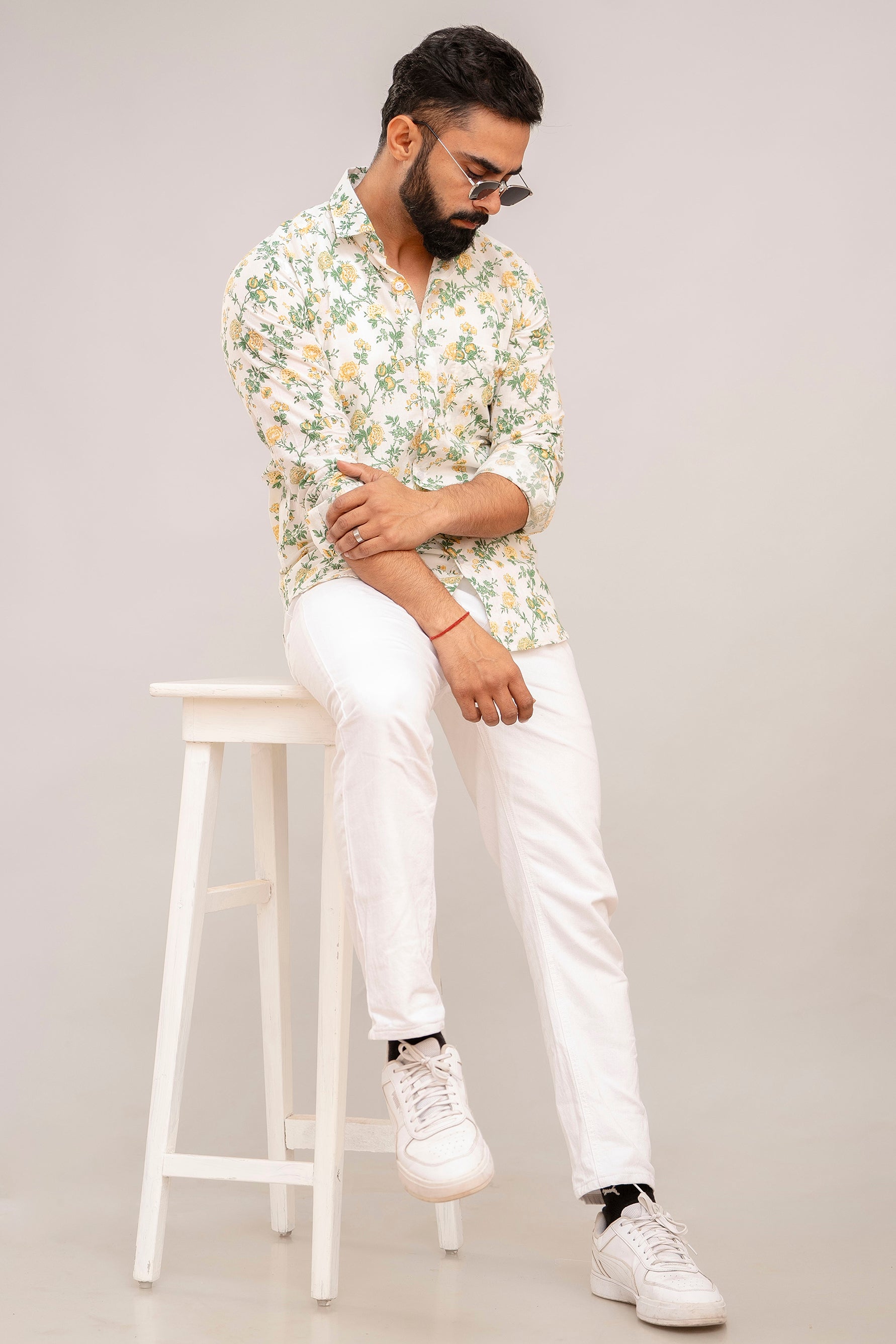 White Harmony Floral Cotton Shirt - Hukum Jaipur