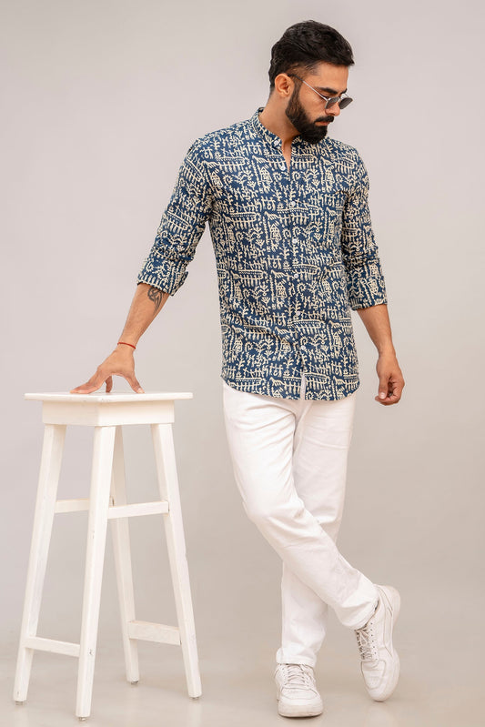 Navy Blue Abstract Print Cotton Shirt - Me&My