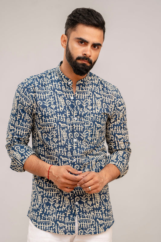 Navy Blue Abstract Print Cotton Shirt - Me&My