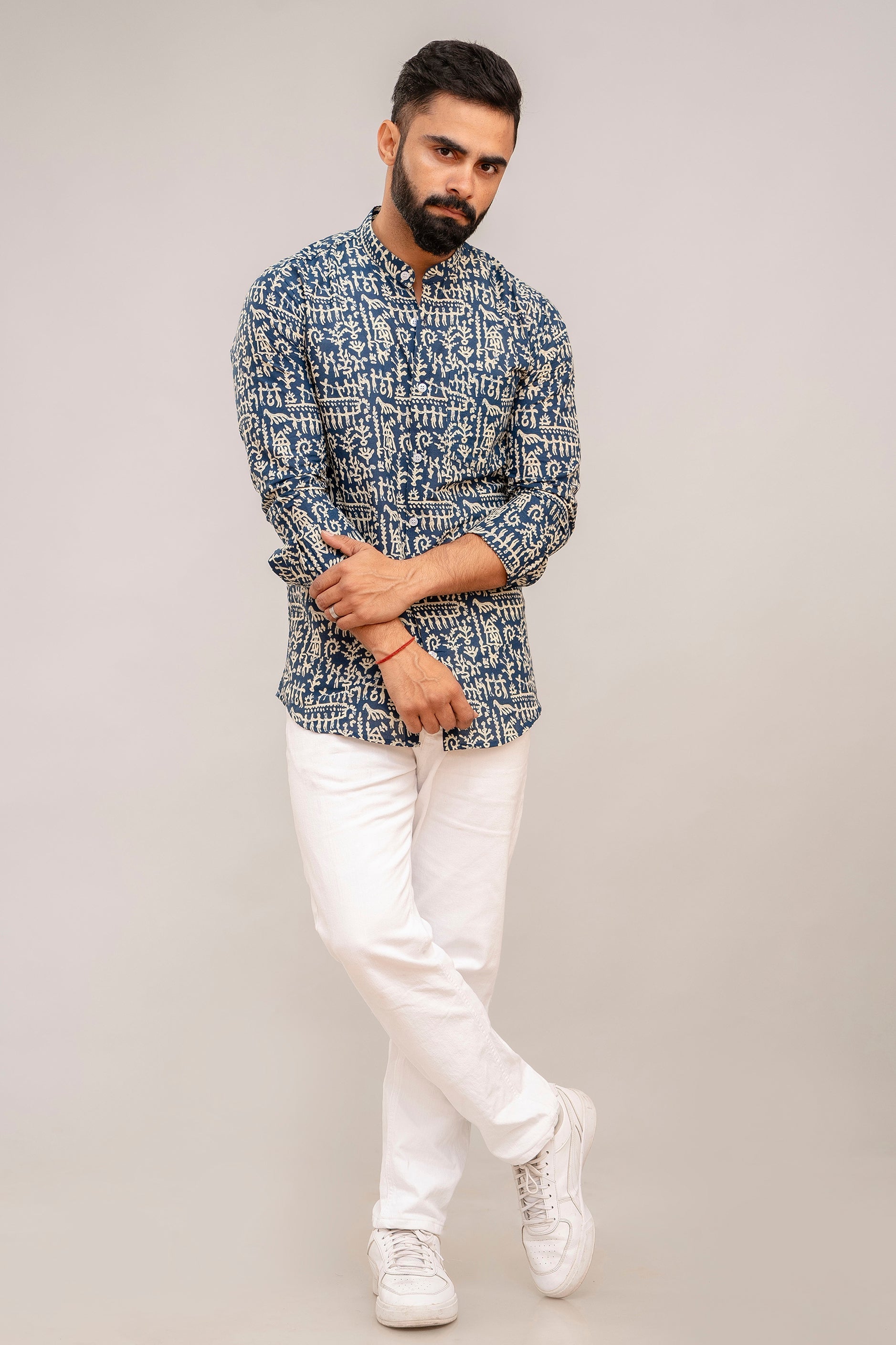 Navy Blue Abstract Print Cotton Shirt - Hukum Jaipur