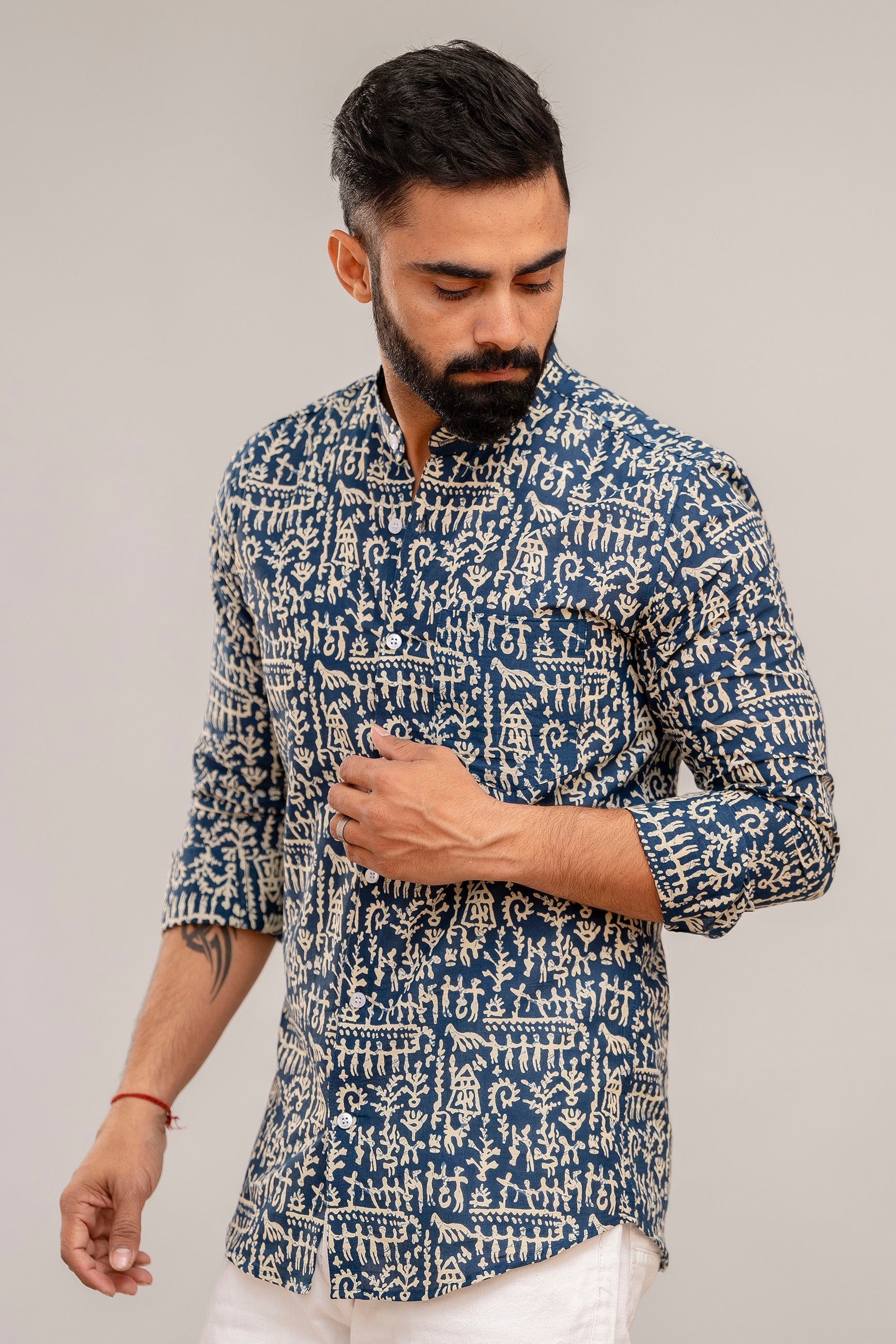 Navy Blue Abstract Print Cotton Shirt - Hukum Jaipur