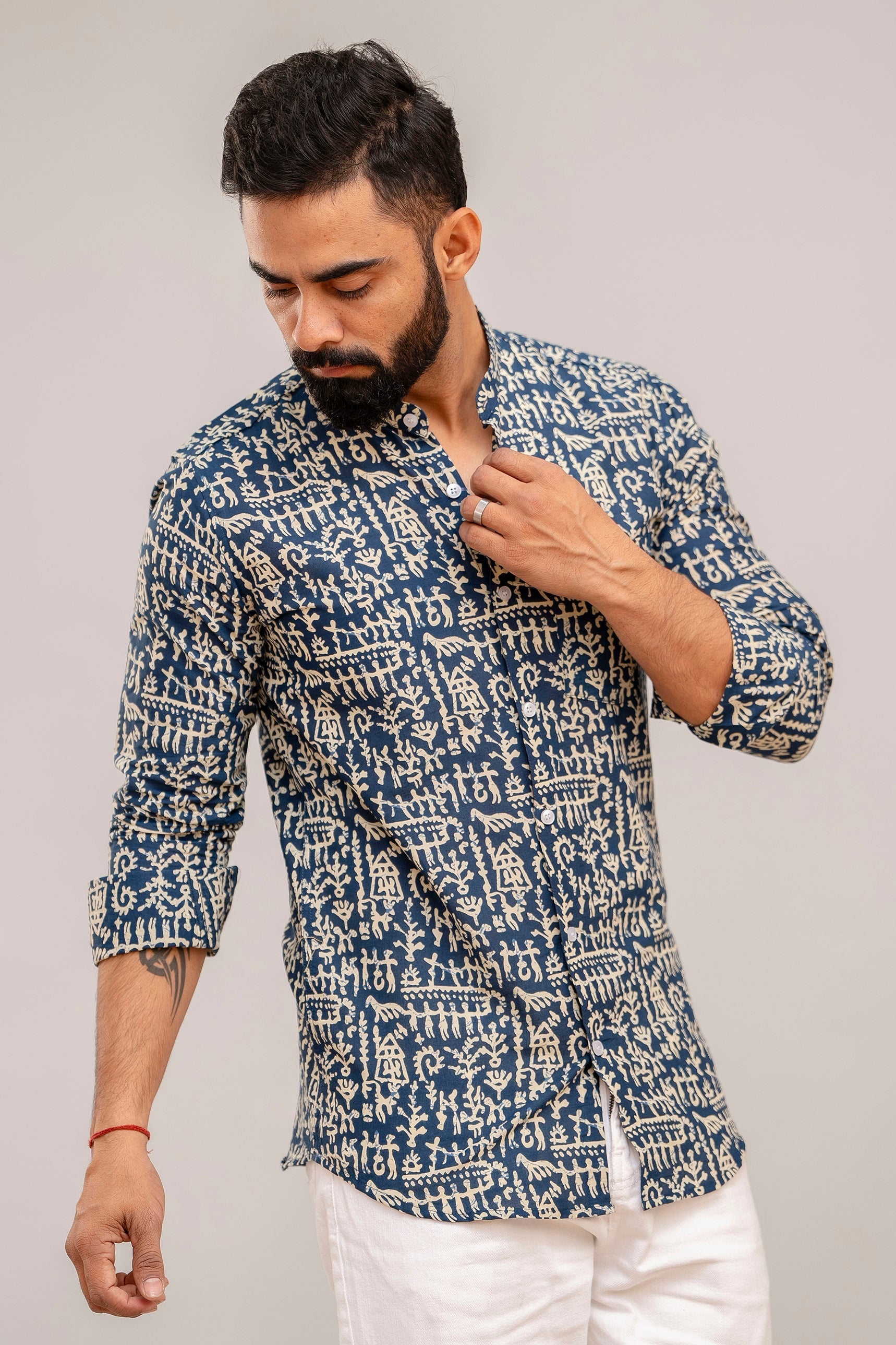 Navy Blue Abstract Print Cotton Shirt - Hukum Jaipur