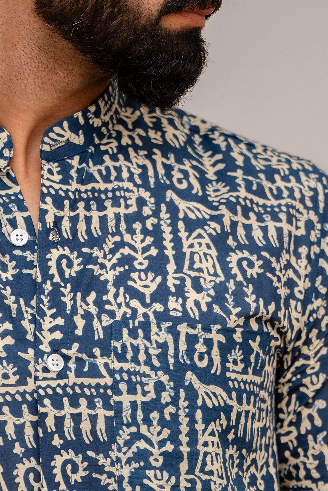 Navy Blue Abstract Print Cotton Shirt - Hukum Jaipur