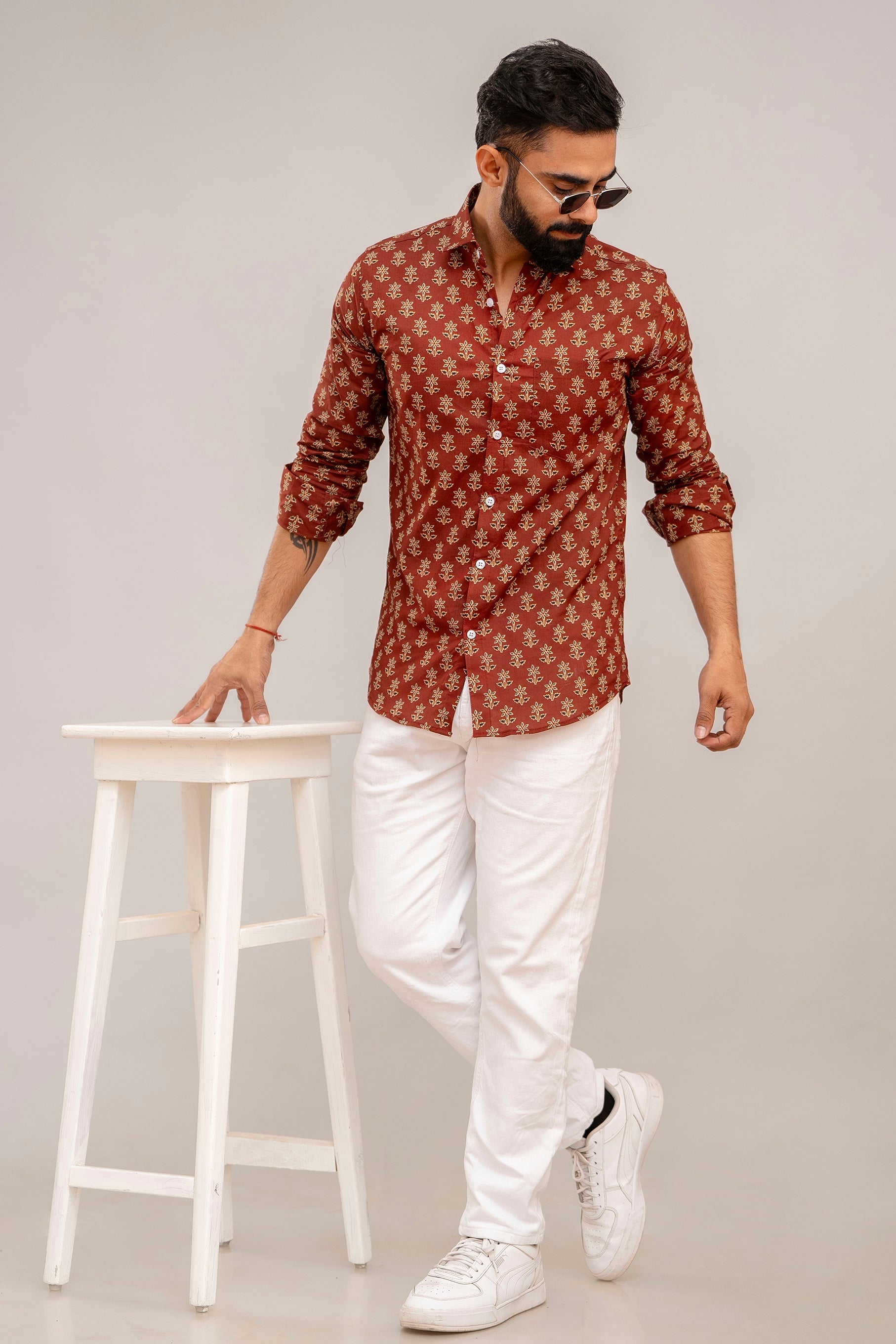 Earthy Brown Floral Cotton Shirt - Hukum Jaipur